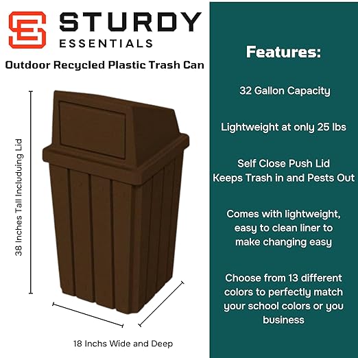 32 Gallon Square Slatted 100% Recycled Plastic Heavy-Duty Commercial Outdoor or Indoor Trash Can with Push Top Lid - Great for Schools and Businesses - Brown Granite