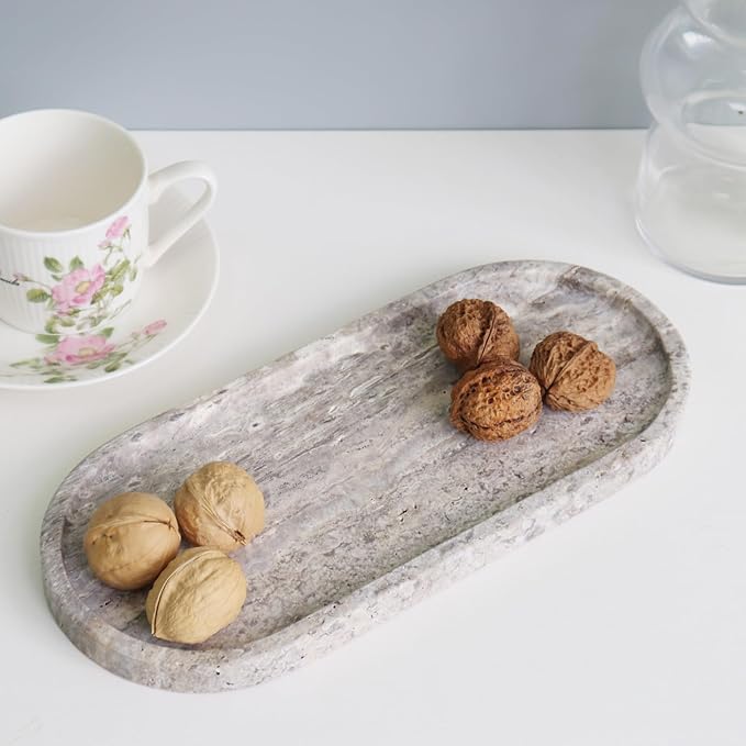Natural Marble Tray, Oval Vanity Decorative Tray for Bathroom Counter, Countertop Stone Organizer, Catchall Tray for Kitchen, Perfume, Candles, Jewelry Dish Decorative Tray