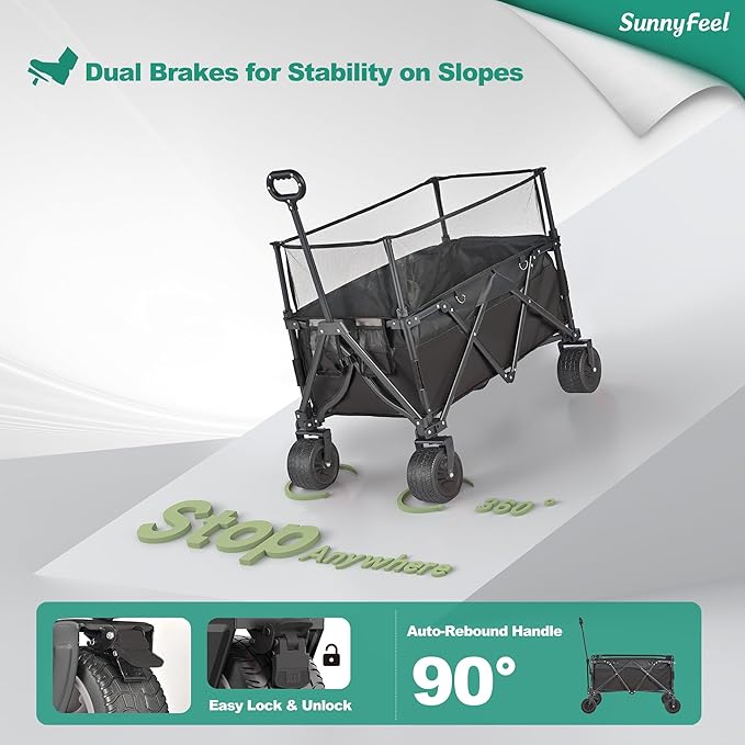 SUNNYFEEL Heavy Duty Collapsible Outdoor Utility Wagon Cart 500LB Capacity Adjustable Handlebar,Foldable Beach Wheels Stable Durable Oxford Fabric for Shopping Garden Camping (Black, Tall Version)