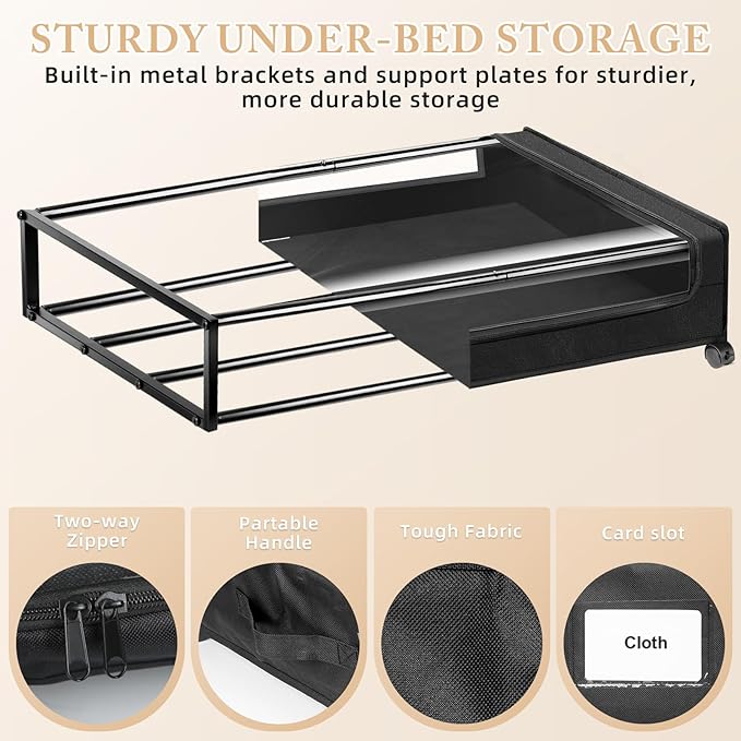 Under Bed Storage with Wheels 2-Pack，Under Bed Storage Containers XXL，Underbed Shoes Storage with Clear Lid,Rolling UnderBed Metal Drawer for Clothes Blankets Easy Pull-out Black