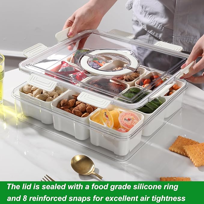 Taiuloo Divided Serving Tray with Lid & Handle, Airtight 9 Compartment Snackle Box Charcuterie Container, Fridge Organizer Bins, Food Storage Container Veggie Tray for Snack, Fruit, Candy, Nuts