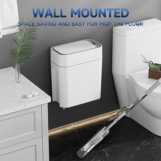 Bathroom Trash Can with Lid: 2.3 Gal Small Slim Motion Sensor Wastebasket, Bag Expansion, Wall Mounted, Automatic, Touchless, Narrow Design for Bathroom, Kitchen and Office, Waterproof