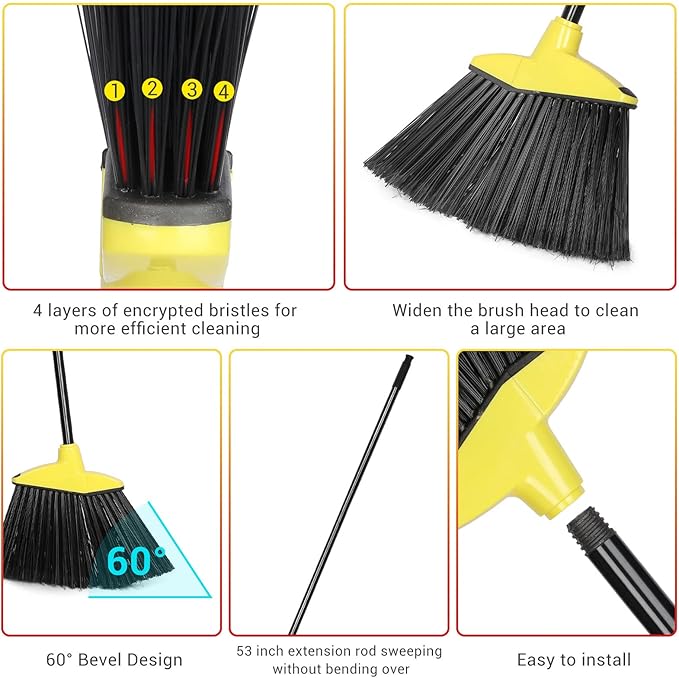 WILLBOND 20 Pcs Heavy Duty Broom Outdoor Indoor Commercial Angle Brooms Bulk for Courtyard Garage Lobby Mall Market Floor Home Kitchen Room Office Pet Hair Rubbish 54 Inch(Red, Yellow)