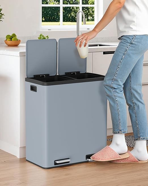 Arlopu 16 GallonStainless Steel Trash Can, 60L Dual Compartment, Metal Kitchen Step Recycle Bin, Metal Double Dustbin, in-Home Garbage Rubbish Can W/Removable Liner Buckets (Haze Blue)