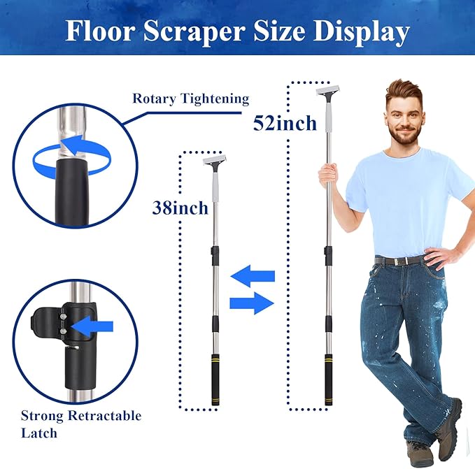 Floor Scraper Telescopic, 38 to 52in 4Inch Razor Blade Floor Scrapers Long Handle Heavy Duty Extension Pole Metal Paint Scraper with 10PCS Extra Metal Blades Paint Scraper (Gray, 4Feet)