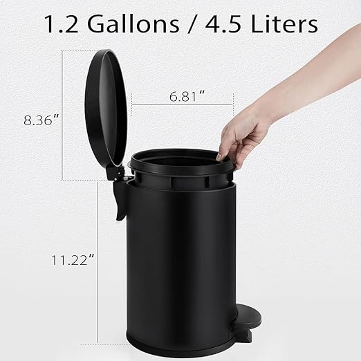 TIPGO 1.2 Gallon Small Black Trash Can, 4.5 Liters Bathroom Garbage Can with lid, Mini Step Trash Bin, Stainless Steel Wastebasket for Bathroom, Bedroom, Office (Matte Black)