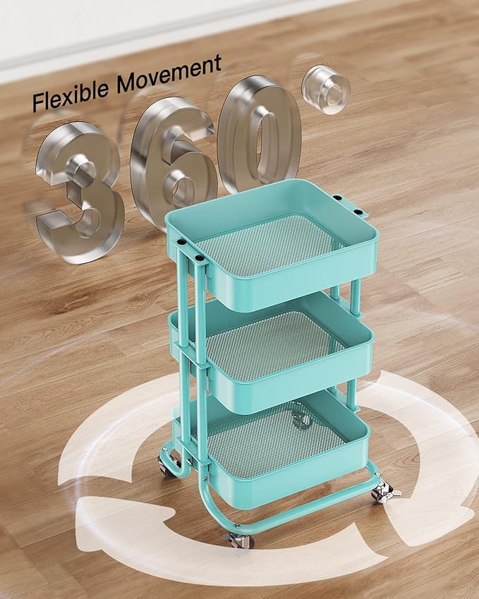 Pipishell 3-Tier Metal Rolling Utility Cart, Heavy-Duty Storage Cart with 2 Lockable Wheels, Multifunctional Mesh Organization Cart for Kitchen Dining Room Living Room (Turquoise)