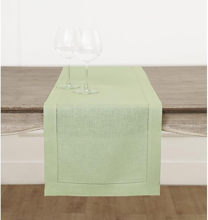 Solino Home Linen Sage Green Table Runner 144 Inches Long - 100% Pure Linen Extra Long Table Runner 14 x 144 Inch for Christmas, New Year - Classic Hemstitch