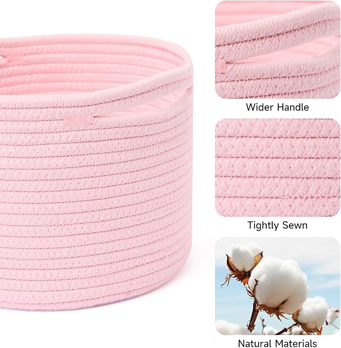 Small Basket for Organizing | Cube Shelf Closet Storage Baskets | 9.7×9.7×7.1” | Woven Rope Gift Basket | Nursery | Round 3 Packs Light Pink