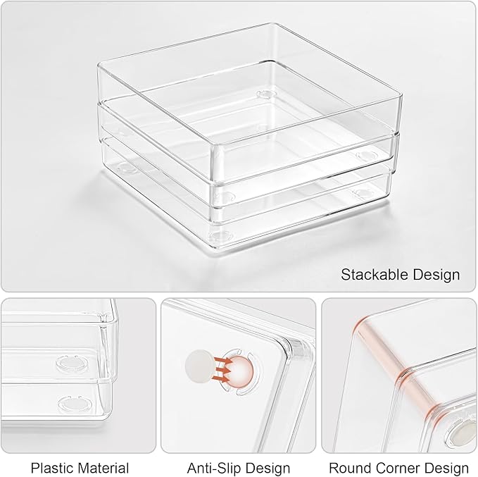 SMARTAKE 6 PCS Clear Plastic Drawer Organizers Set, Large Size Non-Slip Desk Drawer Organizer, 2-Size Versatile Bathroom and Vanity Drawer Organizer Trays for Makeup, Bedroom, Office, Kitchen Utensils