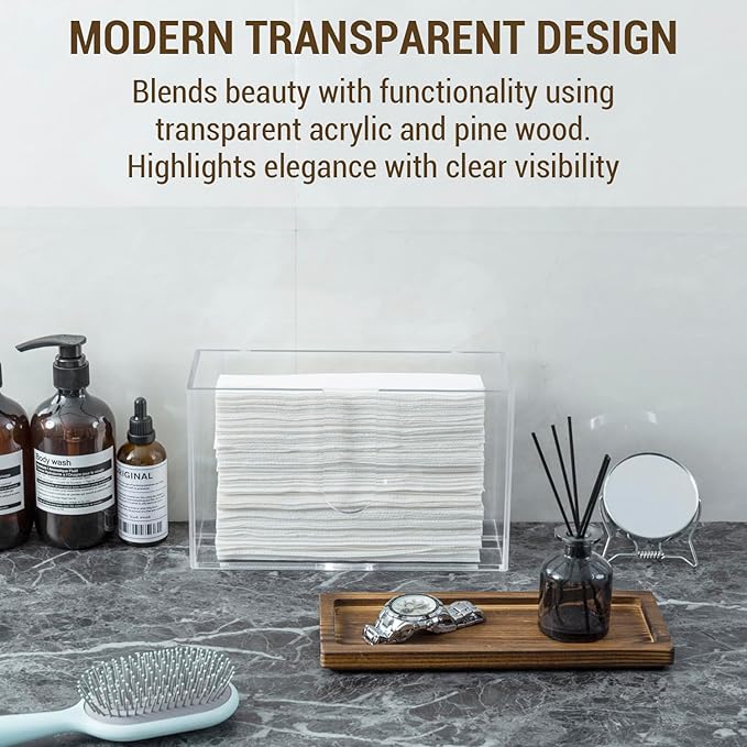 MyGift Deluxe Modern Metal Folded Commercial Paper Towel Holder with Rustic Burnt Solid Wood Tray Lid, Wall Mounted Trifold Multifold Z Fold Disposable Napkin Dispenser (Acrylic & Burnt Wood)