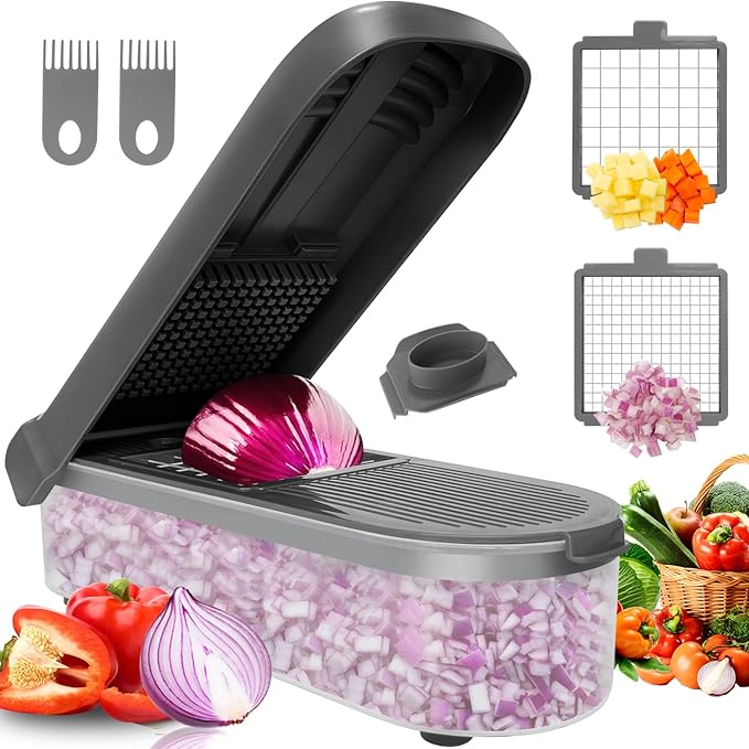 LHS Multifunctional Food Chopper - Onion, Vegetable Slicer Dicer Cutter, Potato Cutter - Veggie Chopper with Container (4 in 1, Grey)