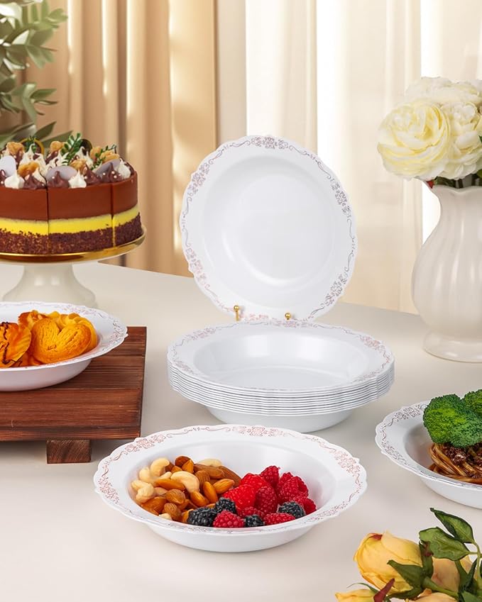 50 Pack White Plastic Bowls with Rose Gold Rim, 12oz Plastic Dessert Bowl, Bowls Disposable Heavy Duty for Hot Soup, Dessert, Salad, Cake, Ice Cream, Fruit