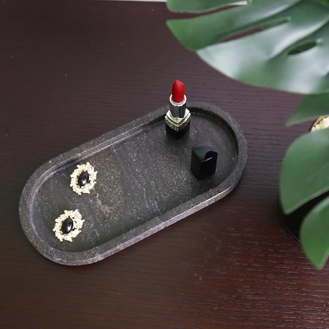Natural Marble Tray, Oval Vanity Decorative Tray for Bathroom Counter, Countertop Stone Organizer, Catchall Tray for Kitchen, Perfume, Candles, Jewelry Dish Decorative Tray