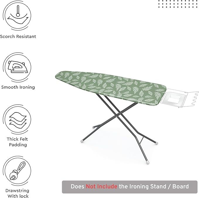 Encasa XO Ironing Board Cover and Pad 57"x22" - Thick 3mm Felt Padding, Drawstring Tightening & Lock, Easy Fit, Scorch & Stain Resistant, Fits X-Large Ironing Board - Big Leaves Green