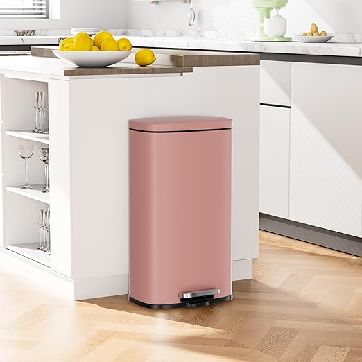 Arlopu 8/13.2 Gallon Step Trash Can, Stainless Steel Garbage Bin, Soft-Close Rubbish Bin with Removable Plastic Inner Bucket, Fingerprint-Proof, Lid Dustbin, Suit for Kitchen Home (Pink, 30L)