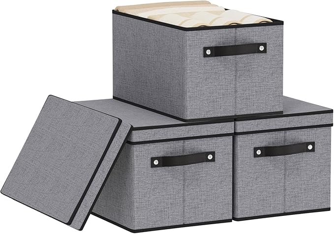 Storage Boxes, 15 x 9.8 x 8.3 Inch Baskets for Organizing with Lids, Fabric Bins with Handles, Decorative Linen Closet Organizers, Gray, 3 Pack
