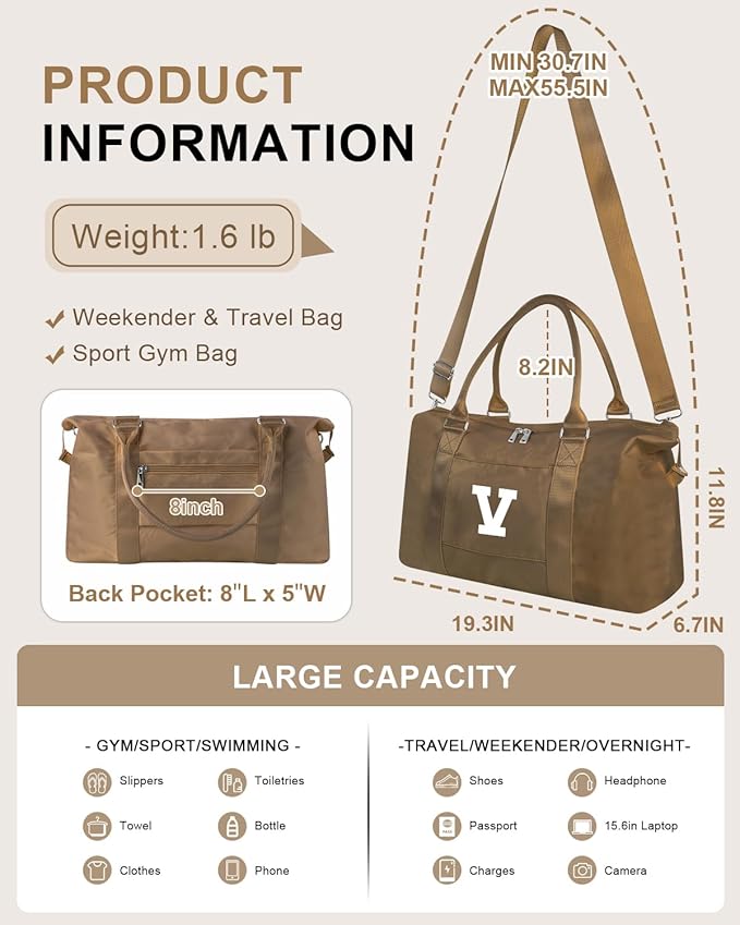 Birthday Graduation Gifts for Daughter,Initial Travel Duffel Bag Sports Gym Bag for Girls Teen Kids Birthday Gifts,Personalized Weekender Bag Carry On Tote Bags Cute Overnight Bag for Women(Brown, V)