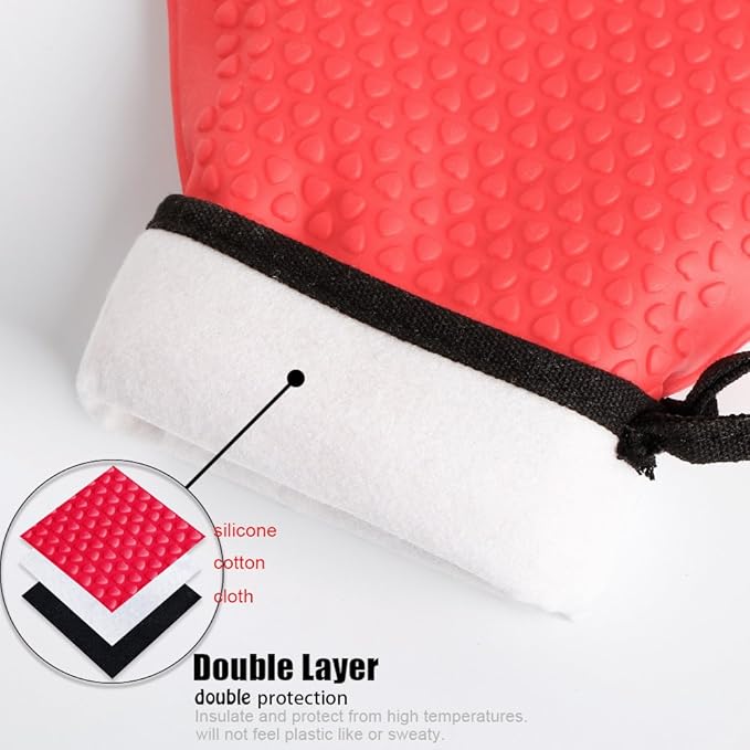 Kitchen Oven Gloves - Silicone Double-Layer Heat Resistant Oven Mitts/BBQ Gloves/Grill Gloves - Perfect for Baking and Grilling - 1 Pair (Small, Red Long)