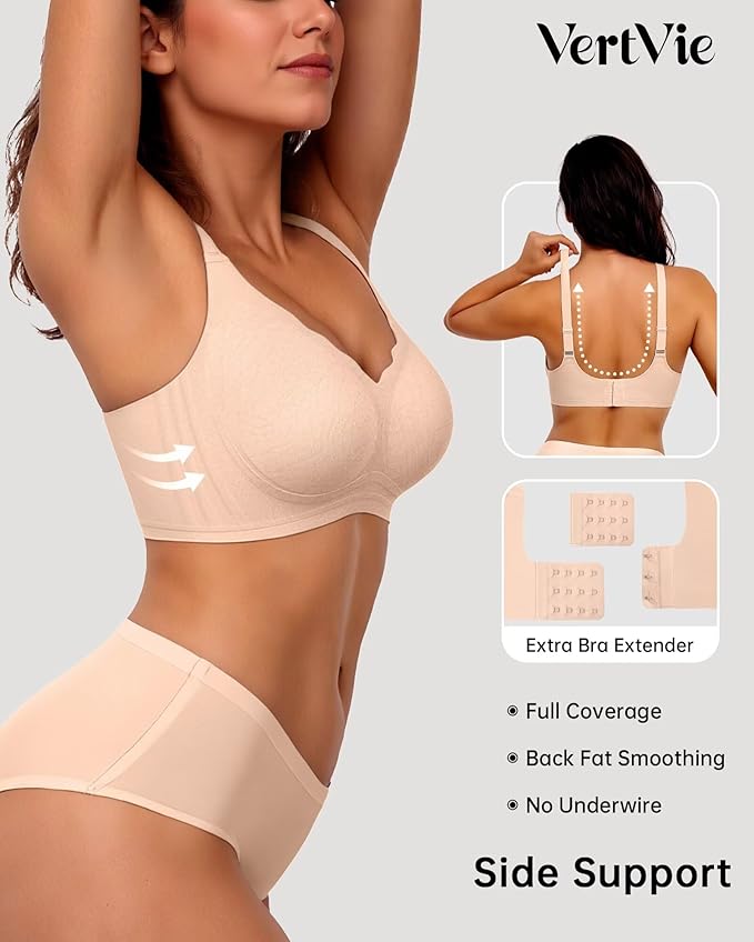 Vertvie Womens Seamless Bras No Underwire Supportive Wireless Push Up Full Coverage Bralette Comfort Scalloped T-Shirt Bra