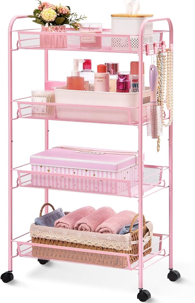 TOOLF 4 Tier Rolling Utility Cart - Durable Metal Design Pink Utility Cart, Storage Trolley on Wheels with 3 Hooks, Perfect for Kitchen, Bathroom & Laundry Room Organization