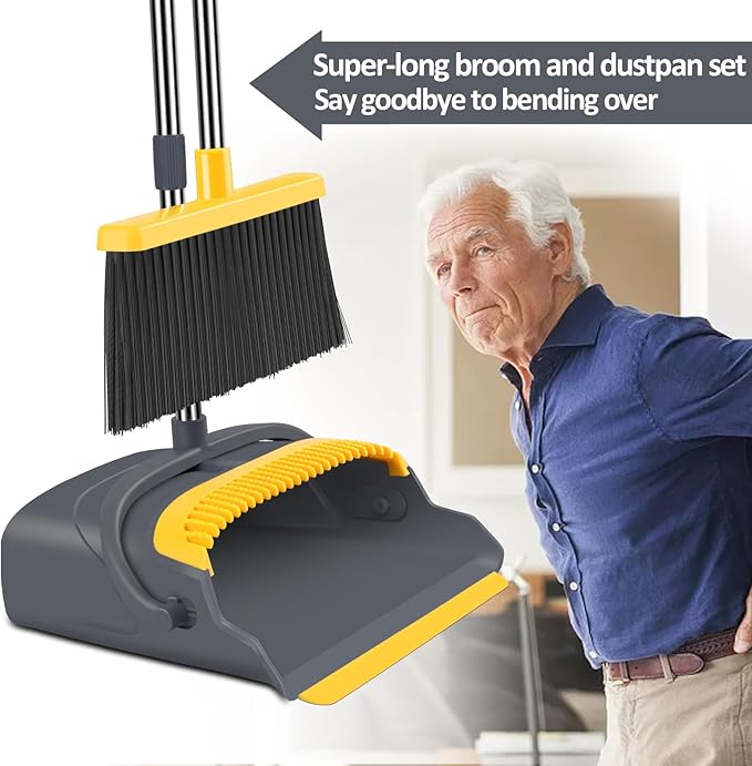 kelamayi Upgrade Broom and Dustpan Set, Broom with Dustpan Combo Set, Self-Cleaning with Dustpan Teeth, Indoor&Outdoor Sweeping, Stand Up Broom and Dustpan (Gray&Yellow)