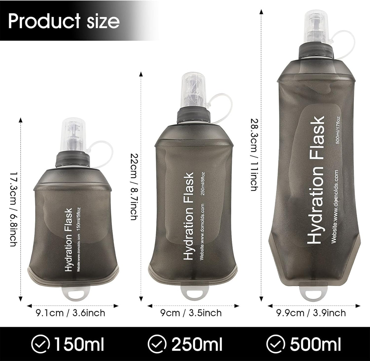 GYGYL Soft Flask, TPU Collapsible Soft Water Bottle for Hydration Pack, Running Vest, Leak-Proof Folding Water Bottle for Hiking Cycling Climbing Jogging-150ml Grey, 2pcs