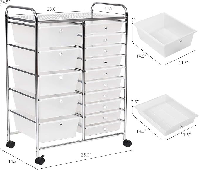 GOFLAME 15-Drawer Rolling Storage Cart, Multipurpose Movable Organizer, Utility Cart for Home, Office, School, Clear