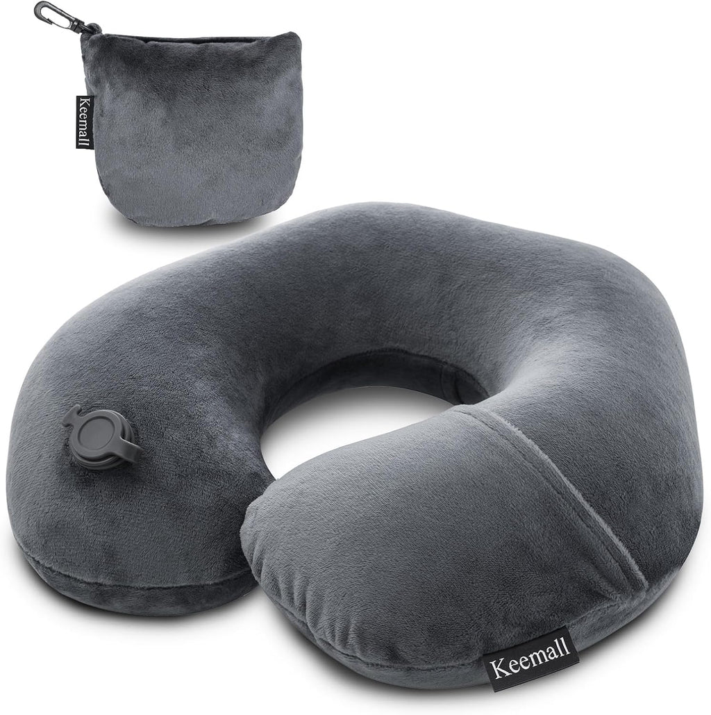 Inflatable Travel Neck Pillow, Super Soft Plane Neck Support Pillow for Travel Ariplane Sleep Support, Adjustable Neck Cushion Headrest Pillow, Folds Up Nicely, Black Grey