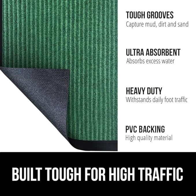 GORILLA GRIP Traffic Guard Door Mat, 47x35, Heavy Duty Welcome Mats, Commercial Office Space Doormat, Waterproof, Fade Resistant, Strong Rubber Backing, Low Profile, Shoe and Boot Scraper, Green