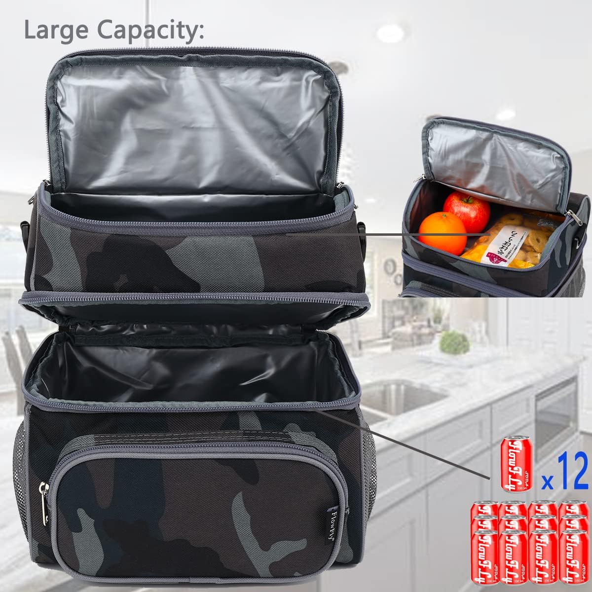 FlowFly Double Layer Cooler Insulated Lunch Bag Adult Lunch Box Large Tote Bag for Men, Women, With Adjustable Strap,Front Pocket and Dual Large Mesh Side Pockets