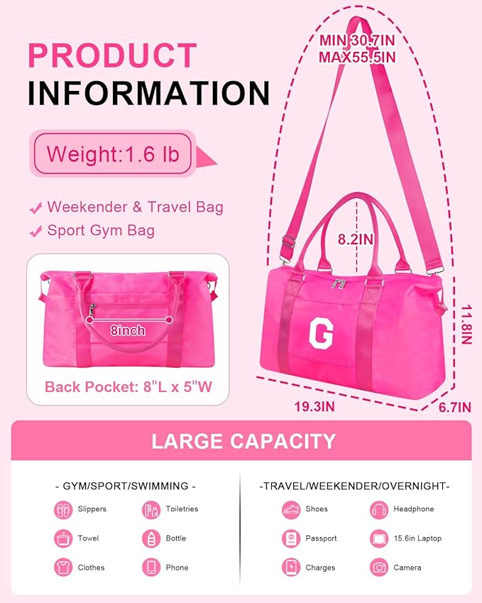Overnight Bag for Kids Teen Girls Weekender Dance Bag Birthday Graduation Gifts,Initial Travel Duffel Bag Sports Gym Bag Personalized Weekender Bag Carry On Bags Preppy Gifts for Women(Hot Pink, G)
