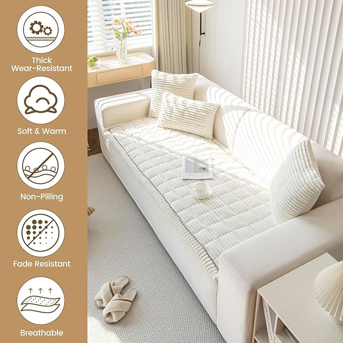 OTOB Sofa Covers for 3 Cushion Couch Washable, Fuzzy Non Slip Pet Friendly Couch Cover Protector Love Seat, All Seasons Soft Plush Furniture Bed Mats Sofa Slipcovers (Cream, 31.5" x 70.9'')