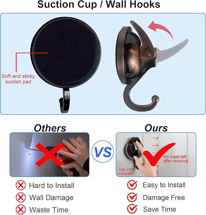 Suction Cup Hooks Heavy Duty Vacuum Suction Shower Hooks Glass Suction Cup Hooks Bathroom Robe Hooks Reusable, No Hole Punched, for Garland Decoration (Antique Brass, 4 Pack)