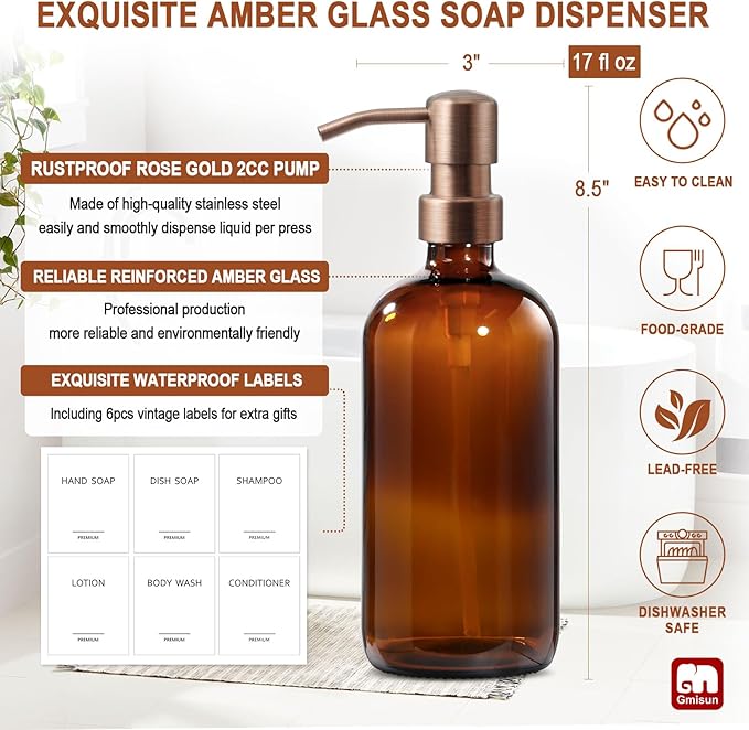 GMISUN Amber Glass Soap Dispenser, 2 Pack Bathroom Hand Soap Dispensers with Rose Gold Pump, 17 Fl Oz Kitchen Hand and Dish Soap Dispenser Set, Modern Vintage Liquid Brown Soap Dispensers Bottle