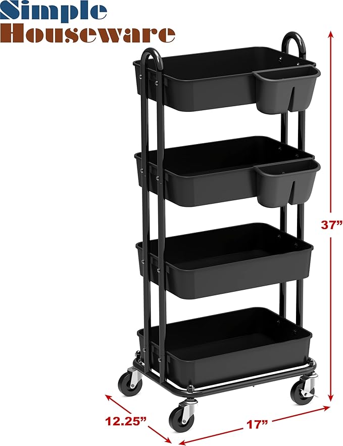 Simple Houseware 4-Tier Multifunctional Rolling Utility Cart with Hanging Buckets, Black