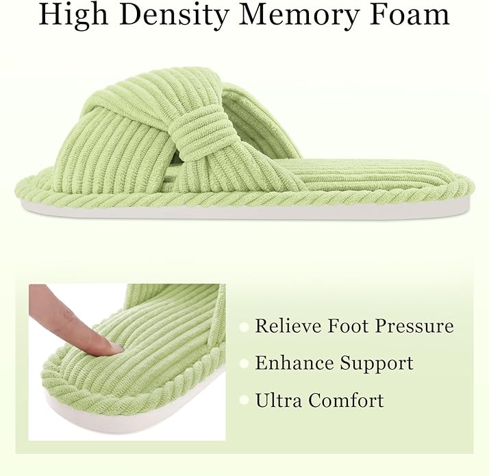 Evshine Summer House Slippers for Women Corduroy Cross Bow Indoor Slippers Open Toe Slip On Bedroom Shoes with Memory Foam