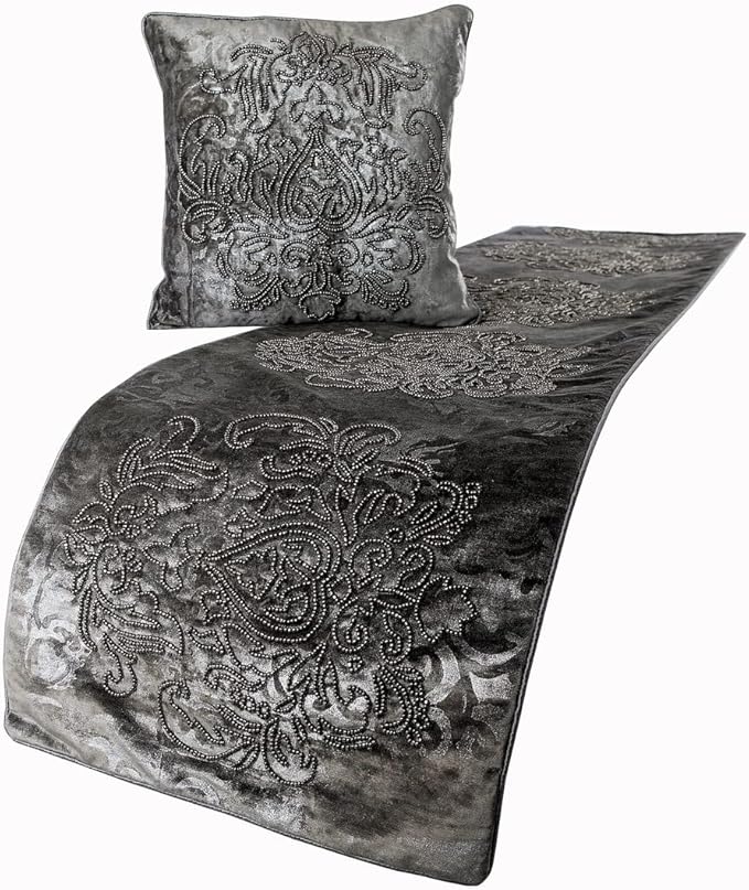 The HomeCentric Decorative Designer Handmade Bed Runner without Pillow Cover, 86 x 18 Inch Damask Designer CA King Size Bed Scarf in Foil Velvet and Embroidery Bed Linen Foot Warmer Home - Foil Damask