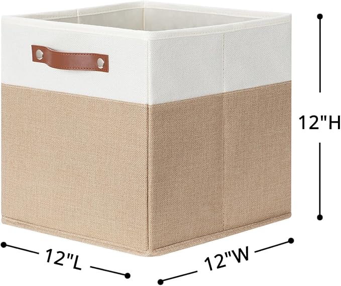HNZIGE Fabric Storage Cubes, Cube Storage Bins 12 x 12, Set of 4, Decorative Storage Baskets for Shelves with Handles,Foldable Bins for Cube Shelf Organizer Home Toy Nursery Closet(Beige White)