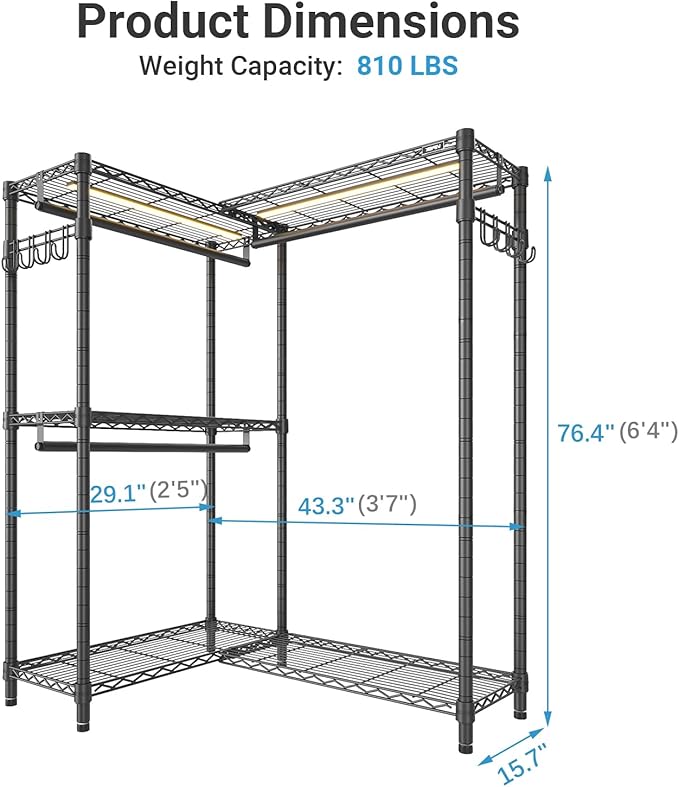 VIPEK L4L Portable Closet with Dimmable LED Lights, L Shaped Clothes Rack for Corner Space-Saving Storage, 3 Hanger rods for Hanging Heavy Duty Coats, Max Load 810LBS, Black