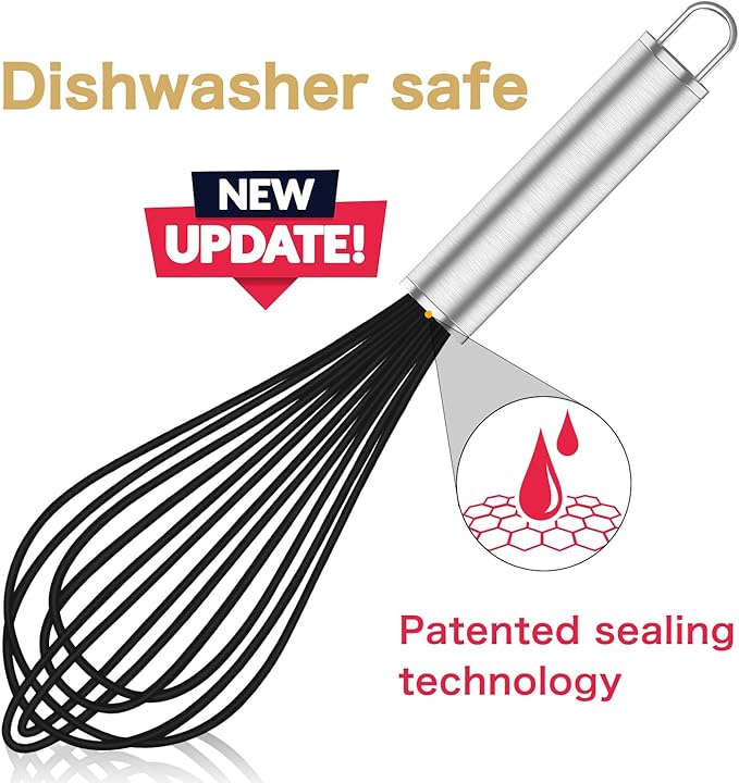 Silicone Whisk,3 pack Professional whisks for cooking non scratch,Stainless Steel & Silicone wisk,plastic rubber whisk for nonstick cookware,small silicone whisk set,black