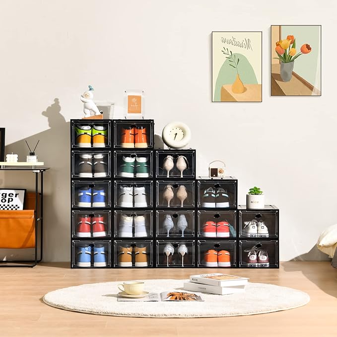 12 Pack Shoe Boxes Stackable,Upgraded Sturdy Shoe Storage Boxes with Clear Magnetic Door,Multifunctional Sneaker Storage, Shoe Box Organizer Fit up to US Size 12 Gray(13.8”x 9.84”x 7.1”)