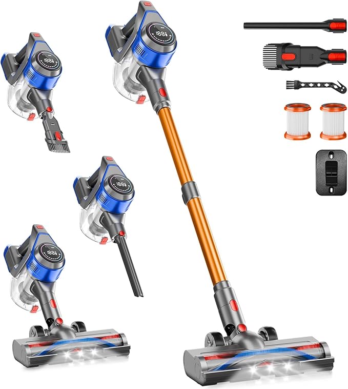 Cordless Stick Vacuum Cleaner - Rechargeable, 45Kpa Powerful Vacuums with Detachable Battery Display, Max 45Mins Runtime, 8 in 1 Handheld Vacuum for Hardfloor & Carpets Pet Hair