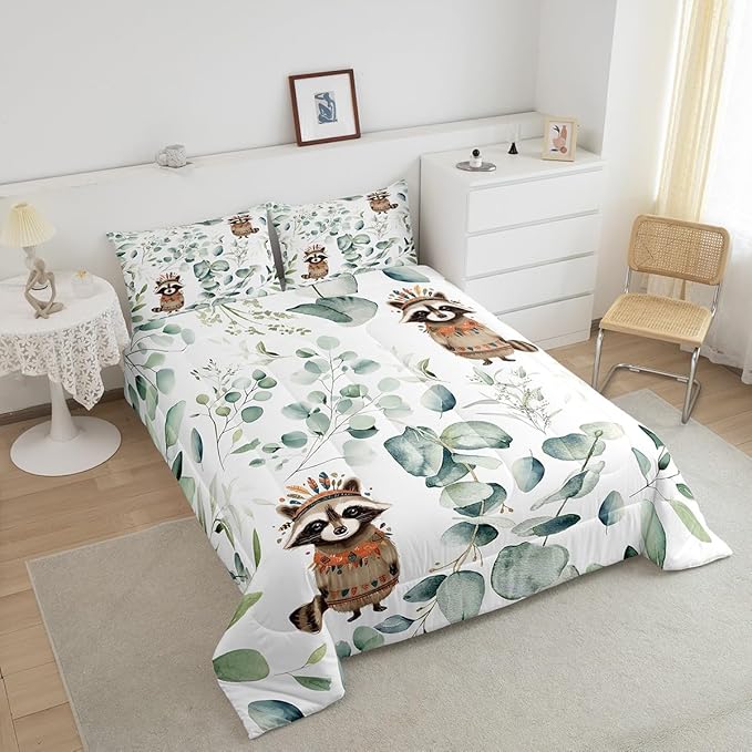 Erosebridal Cute Raccoon Bedding Full Size for Kids Child Green Eucalyptus Comforter Set Full, Woodland Animal Duvet Insert Plant Leaves Quilt Comforter, Cartoon Wildlife Bedding Comforters & Sets