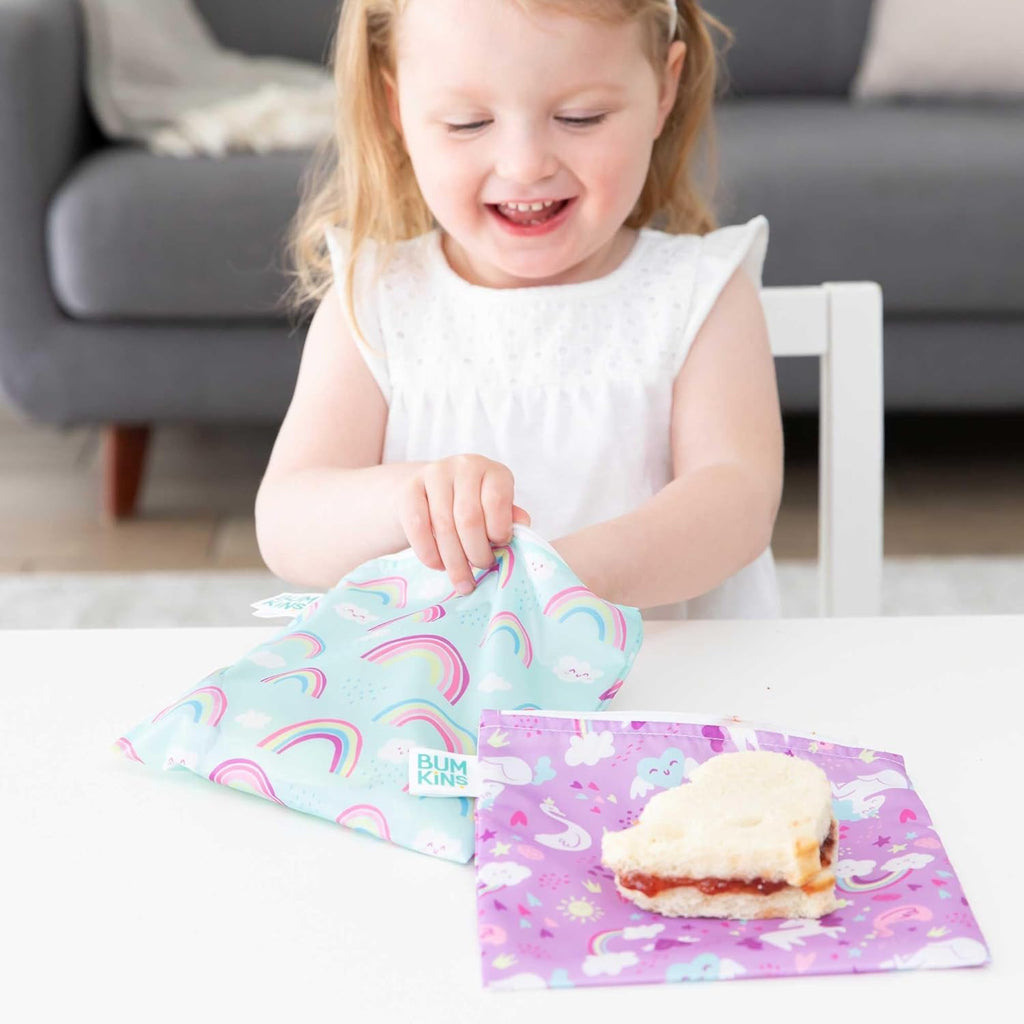 Bumkins Reusable Sandwich and Snack Bags, for Kids School Lunch and for Adults Portion, Washable Fabric, Waterproof Cloth Zip Bag, Travel Pouch, Food-Safe, Large 2-pk Unicorns and Rainbows
