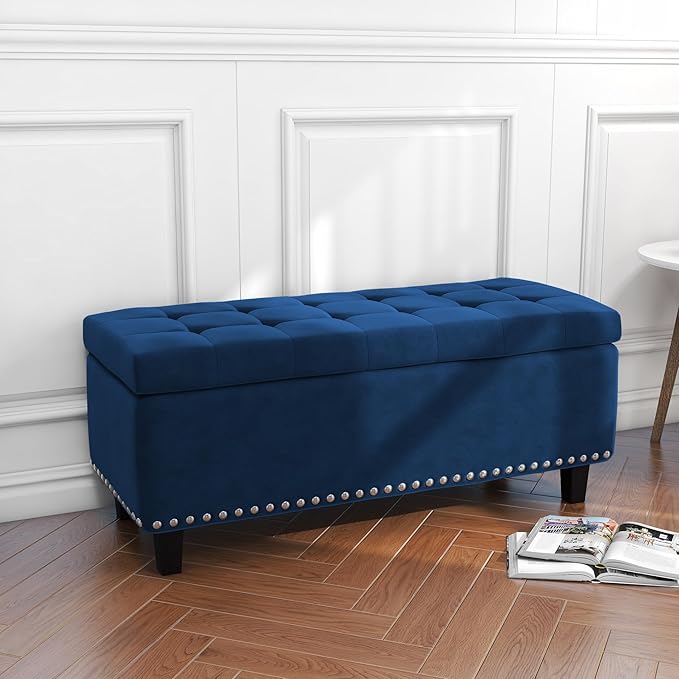 Ottoman with Storage, Storage Ottoman Bench with Button-Tufted, Upholstered End of Bed Bench with Wooden Legs for Bedroom, Entryway (Navy Blue, Set of 1)