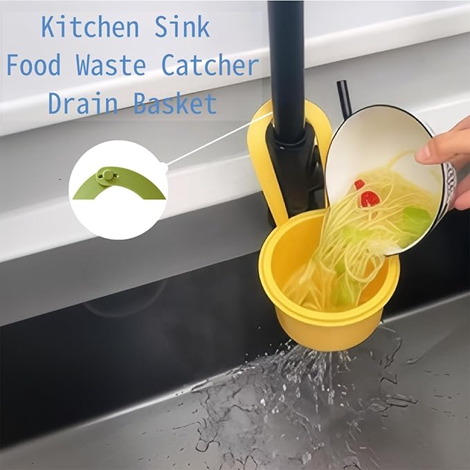 Faucet Hanging Strainer Kitchen Sink Food Waste Catcher Drain Basket, Plastic Kitchen Sink Strainer Automatic Dumping Draining Basket, Food Fruit Vegetable Drain Shelf Sink Storage Holder (Yellow)