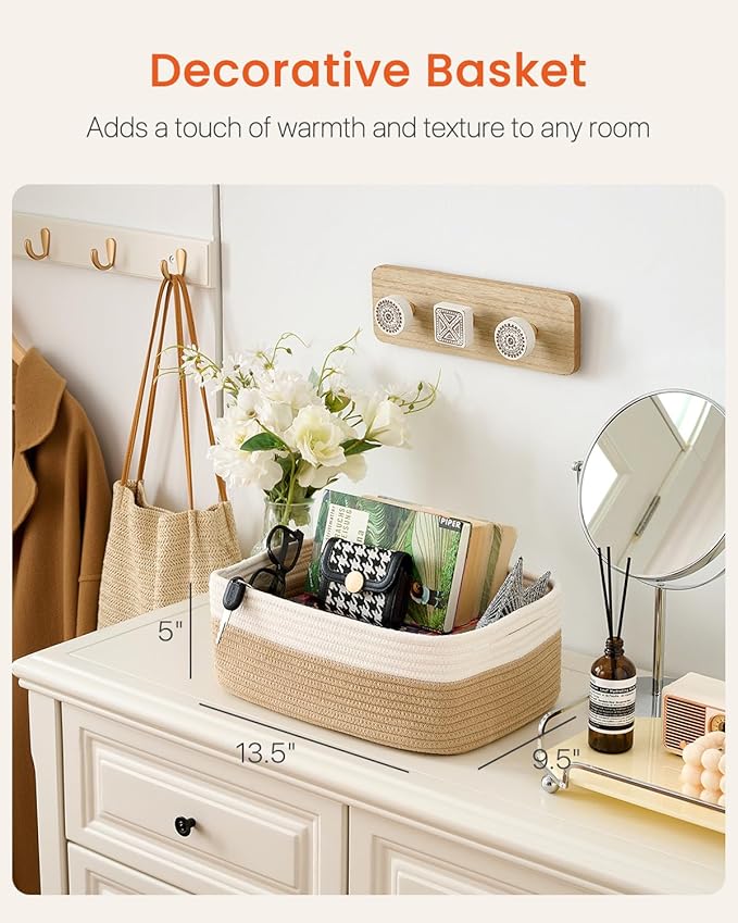 Small Woven Basket, 13.5 x 9.5 x 5 Inches, Storage Basket for Organizing, Cute Small Rope Shelf Closet Cube Storage Bins Baskets for Shelves, Dog Toy Gift Baskets Empty, 3 Pack White & Brown
