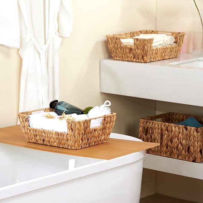 Water Hyacinth Wicker Basket 2 Pack With Handles - Pantry Storage and Organization, Handmade Large Natural Baskets for Organizing