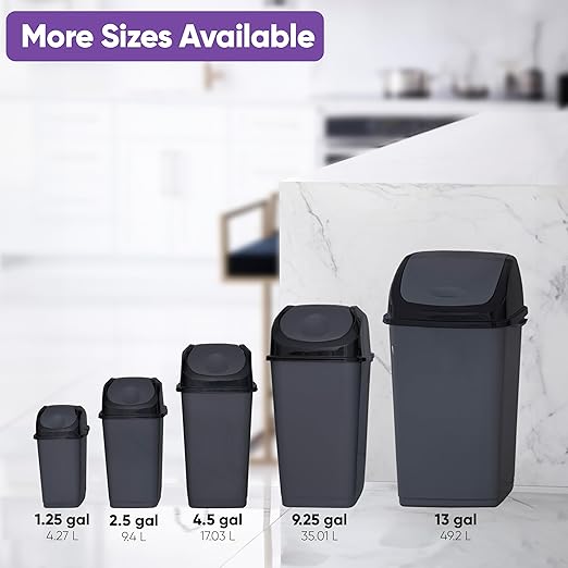 Superio Kitchen Trash Can with Swing Top Lid 9 Gallon Slim Waste Bin 37 Qt Sturdy Plastic Garbage Can Medium Recycling Bin for Office, Bathroom, Under Counter, Dorm, Bedroom (Dark Grey)